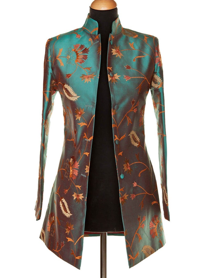 Ladies Beautiful Teal Embroidered Raw Silk Longline Jacket | Etsy UK