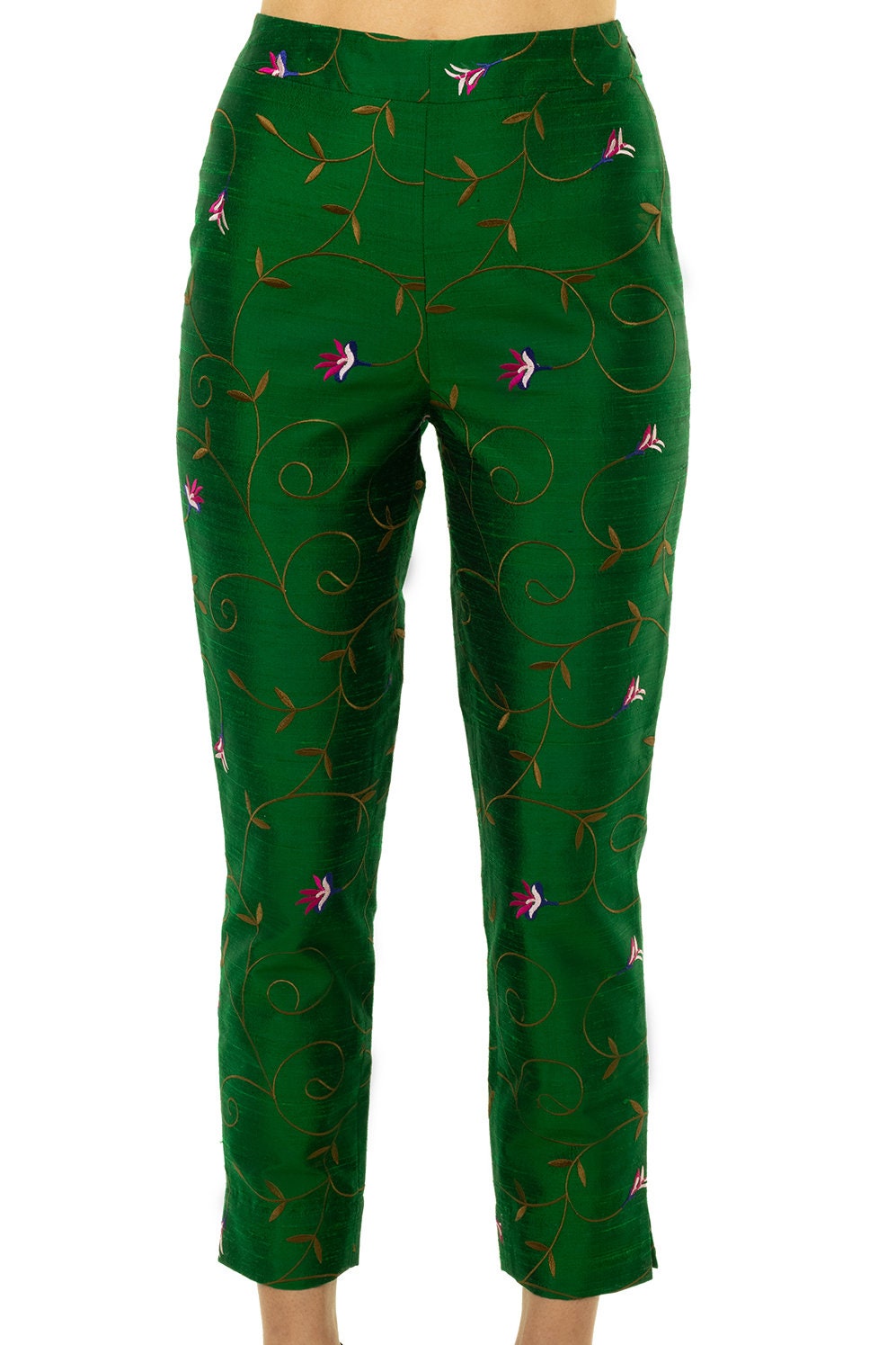 emerald green cigarette trousers Emerald Green Embroidered Silk Trousers, High Waisted Cigarette Pants, Made  to Measure