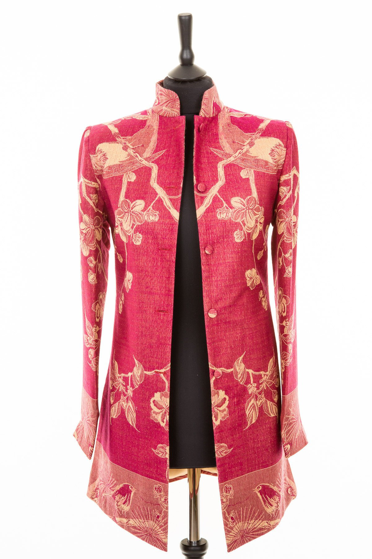 Ladies Deep Raspberry Floral Cashmere Longline Nehru Collar Jacket ...