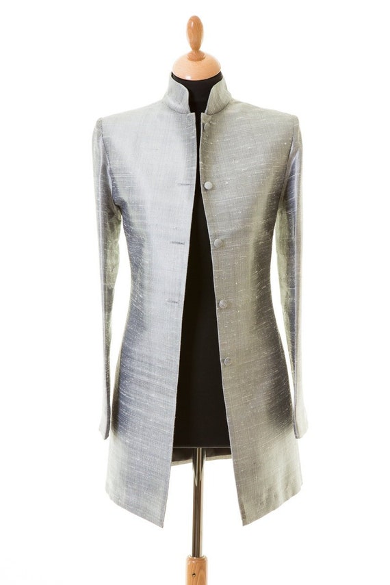 Womens Silver Plain Raw Silk Nehru Collar Long Jacket, Winter Wedding,  Mother of the Groom, Races, Polo, Special Occasion, Plus Size. Petite 