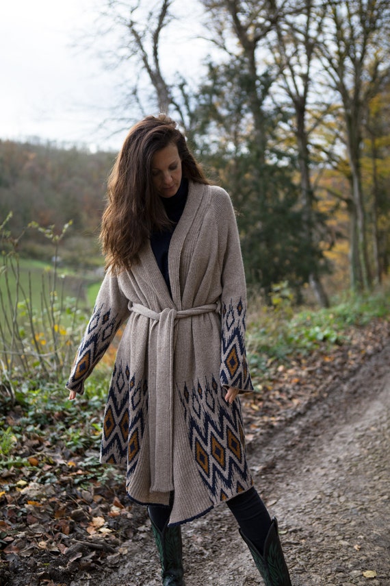 Women s Alpaca Wool Geometric Pattern Relaxed Coatigan Dressing