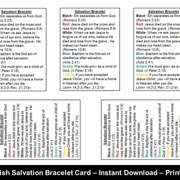 Printable English Salvation Bracelet Card, Gospel Bracelet Card, Colors of Faith Card