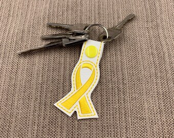 Yellow Awareness Ribbon Keychain: Embroidered Marine Vinyl