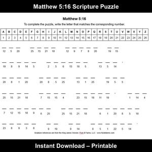 Op de afbeelding: Een afdrukbaar puzzelblad met de tekst "Matthew 5:16 Scripture Puzzle". Het blad bevat een letter-naar-nummercode en een reeks genummerde blanco's om op te lossen. De onderkant van het blad luidt "Instant Download - Printable."