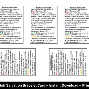 Druckbare Spanische Heils-Armband-Karte, Evangeliums-Armband-Karte, Colors of Faith-Karte