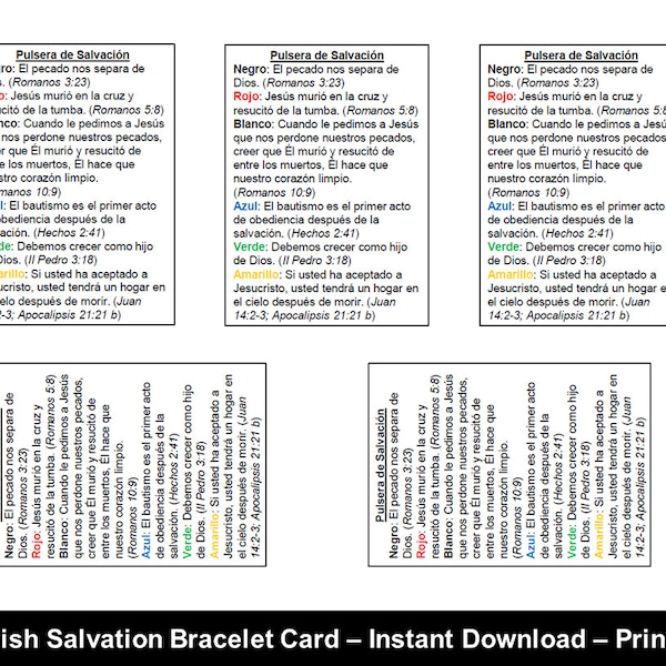 Printable Spanish Salvation Bracelet Card, Gospel Bracelet Card, Colors of Faith Card