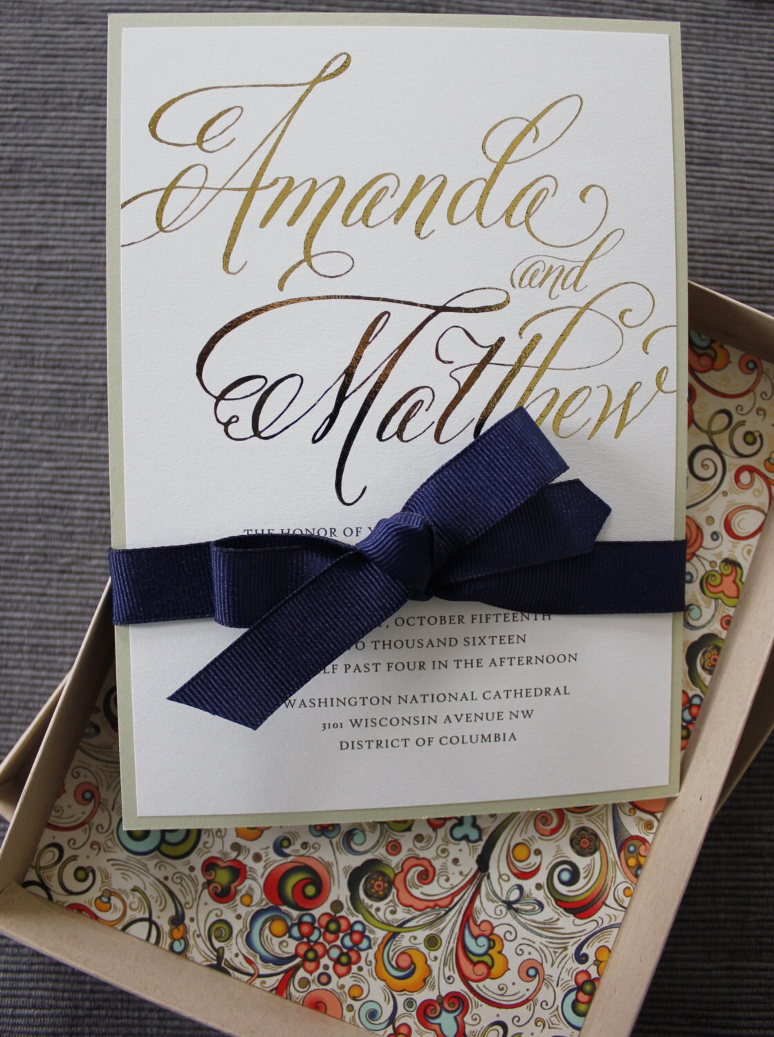 Box Mailer Wedding Invitation Navy Gold Foil Pastels Etsy