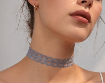 Blue Lace Choker Necklace, Retro Vintage Gothic Adjustable, Soft choker