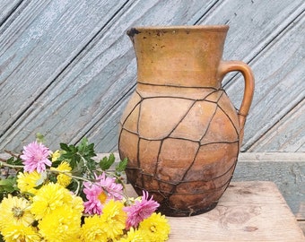 Rustic vase Vintage Clay Pitcher Potthery Jug Wire shell Ceramic Crock Country Kitchen Primitive Decor Ukrainian antiques Farmhouse vessel