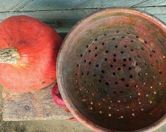Antique colander Clay bowl strainer Rustic cullender Large colander Ceramic strainer Farmhouse decor Country kitchen table centerpiece