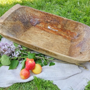 Large and heavy primitive antique oak wood dough bowl Rustic home decor in wabi sabi style Large wooden trencher for country cottage kitchen