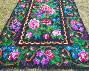 Stor antik kelim Ull matta löpare Golvmatta Boho matta gobeläng Ny vintage matta Handvowen boho dekor Svart matta