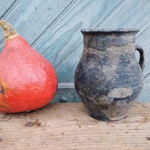 May include: A red, round squash sits next to a dark gray, rustic pottery jug on a wooden surface.