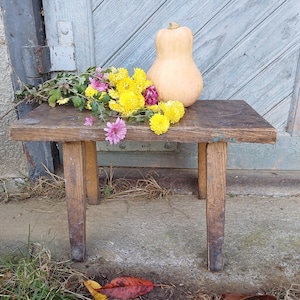 Antique wooden stool Vintage bench Small seat of hand carved wood  farmhouse cottage Rustic home decor Primitive antiques country furniture