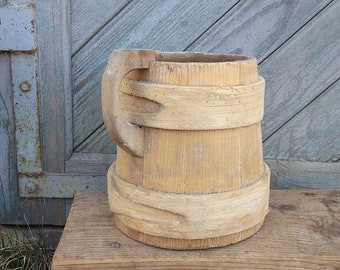 Wooden mug Large antique tankard Primitive wood cup Farmhouse stein Rustic home decor Country kitchen vase Man cave table centerpiece