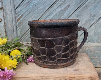 Primitive antique pottery bowl Baked wire overlay bowl Unique earthenware Rustic decor Large table centerpiece Country wedding Farmhouse