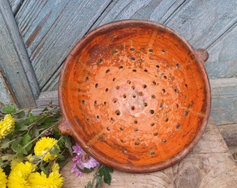 Antique strainer Ceramic clay colander Vintage pottery cullender Large Antique bowl Primitive rustic kitchen Farmhouse Country cottage