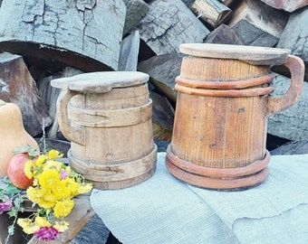 Primitive antique wooden pitcher with a lid Unique ancient lidded vessel made without nails or glue Farmhouse kitchen decor or storage box