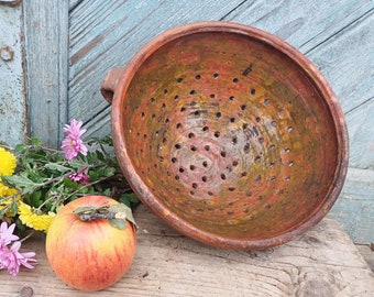 Antique colander Large Clay bowl strainer Rustic cullender Deep colander Ceramic strainer Farmhouse decor Country kitchen table centerpiece