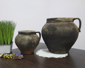 Black ceramic crock Clay pot pots Set of 2 Antique stoneware vase Old Rustic gift pottery Dark farmhouse decor Country cottage kitchen