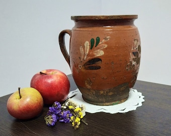 Primitive antique clay pitcher Ceramic crock vase Rustic pottery Country cottage pitcher Farmhouse kitchen decor Rustic ceramic jug