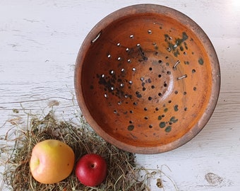 Antique colander Clay bowl strainer Rustic round cullender Deep colander Ceramic strainer Farmhouse decor Country kitchen table centerpiece