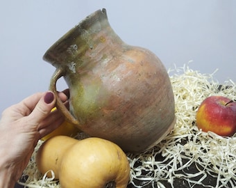 Vintage Ceramic crock Primitive clay pitcher Large pottery vase Farmhouse kitchen decor Rustic ceramic jug