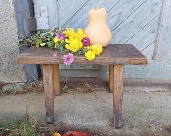 Antique wooden stool Vintage bench Small seat of hand carved wood  farmhouse cottage Rustic home decor Primitive antiques country furniture