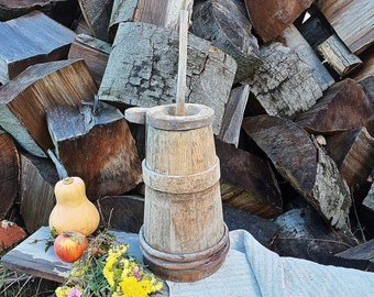 Large antique butter churn Full set for primitive decor and display Farmhouse wooden vase Rustic home decor for country kitchen and wedding