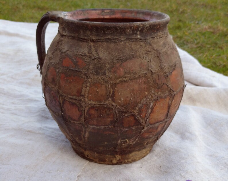 Large antique crock vase Unique baked wire ceramic Clay vase Etsy