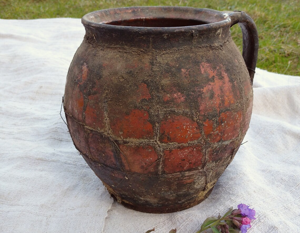 Large antique crock vase Unique baked wire ceramic Clay vase Etsy