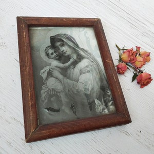 Vintage Catholic icon in wood frame Framed icon Antique photo frames Wooden frame Glassed Christian decor Holy Mary with Jesus picture