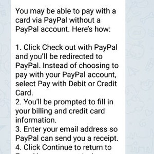 Puede incluir: Una captura de pantalla de una conversaci&oacute;n de chat que muestra instrucciones sobre c&oacute;mo pagar con una tarjeta de cr&eacute;dito sin abrir una cuenta de PayPal. Las instrucciones incluyen hacer clic en "Pagar con PayPal", seleccionar "Pagar con d&eacute;bito o cr&eacute;dito", ingresar la informaci&oacute;n de facturaci&oacute;n y tarjeta de cr&eacute;dito, ingresar una direcci&oacute;n de correo electr&oacute;nico y hacer clic en "Continuar".