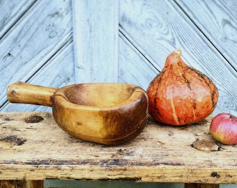 Antique wooden mug Primitive ladle for drink Country bowl Rustic home decor Weathered wood cup Kitchen table centerpiece Ancient tankard