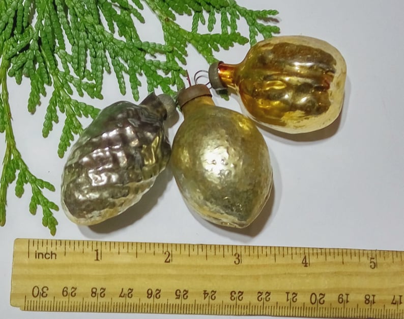 1950s Christmas decoration Golden nut Hazelnut Cone Antique glass bauble Shabby chic Christmas ornament Xmas tree decor Soviet Xmas