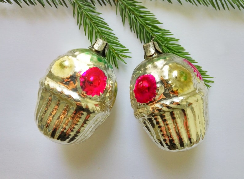 Antique Christmas ornaments set Two glass flowers baskets Christmas tree decorations Shabby Xmas baubles decor Gifts for kids
