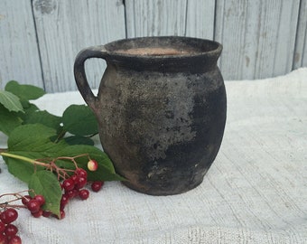 Vintage pot with a handle  Black Clay ceramic Ukrainian pottery Farmhouse antiques Country cottage kitchen Large antique pot Primitive decor