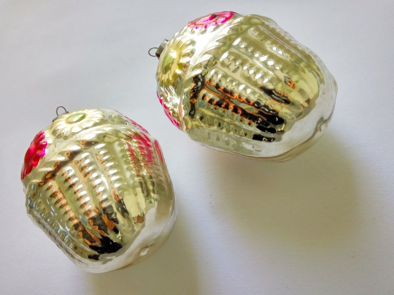 Antique Christmas ornaments set Two glass flowers baskets Christmas tree decorations Shabby Xmas baubles decor Gifts for kids