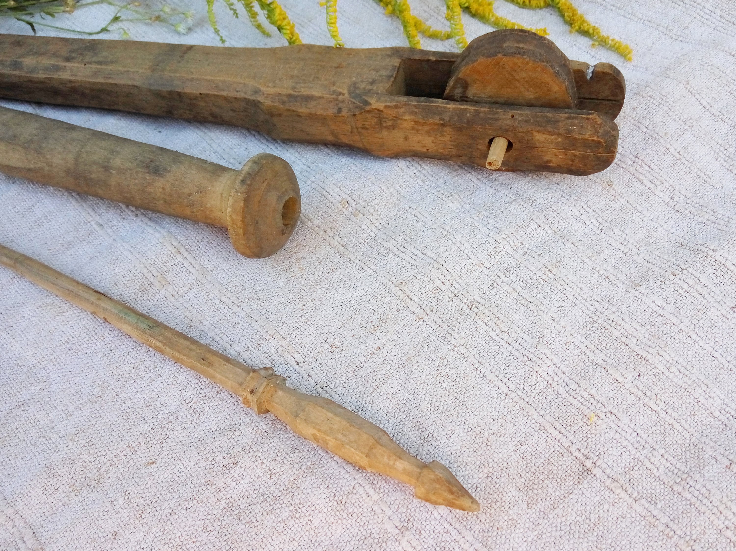 Antique loom parts Fibre arts assemblage Wooden weaving tools set Collectible ancient crafts finds Fibre art tools 100 years more Farmhouse