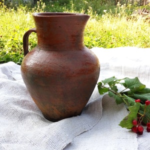 Vintage clay pitcher Rustic ceramic crock Old potthery jug Large vase Country kitchen decor Ukrainian primitive Farmhouse antiques