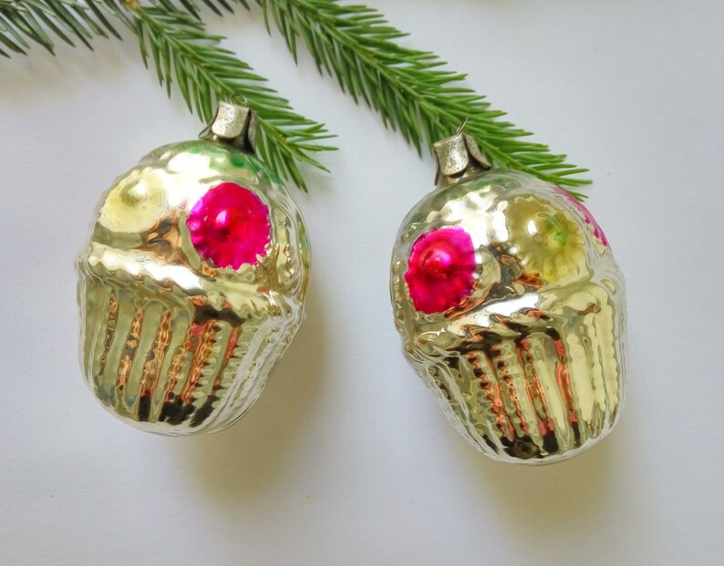 Antique Christmas ornaments set Two glass flowers baskets Christmas tree decorations Shabby Xmas baubles decor Gifts for kids