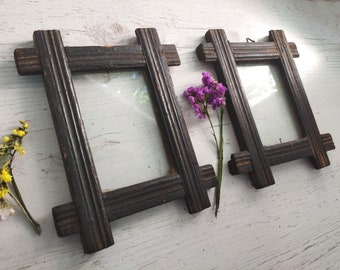 Antique photo frames set of two Wood frame set Large primitive photo frames Hand carved wooden decor Rustic picture frame Country wall art