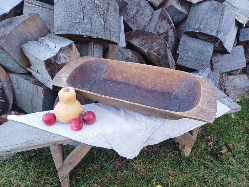 Antique wooden bowl Primitive dough bowl Country wooden trencher Rustic home decor Large bowl Table centerpiece Farmhouse cottage Cabin image 1