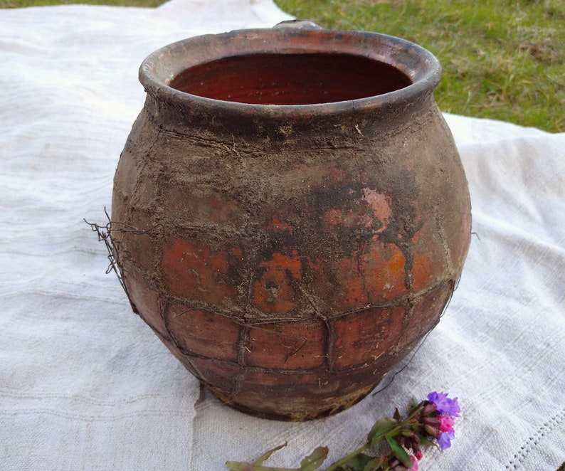 Large antique crock vase Unique baked wire ceramic Clay vase Etsy