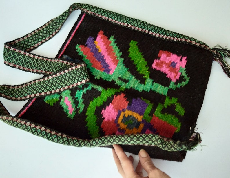 Etniska väskor Antik ullväska Rustik axelväska Boho tote-väska Blommig kelimväska Boho gypsy hobo-väska Handvävd mattväska bild 5