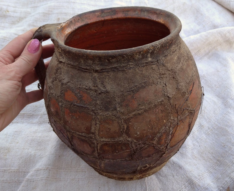 Large antique crock vase Unique baked wire ceramic Clay vase Etsy