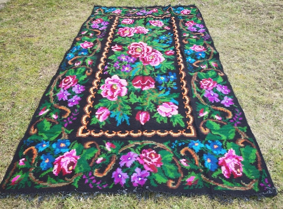 Large antique kilim Wool rug runner Floor rug Bohemian rug tapestry New vintage area rug Handvowen boho decor Black carpet