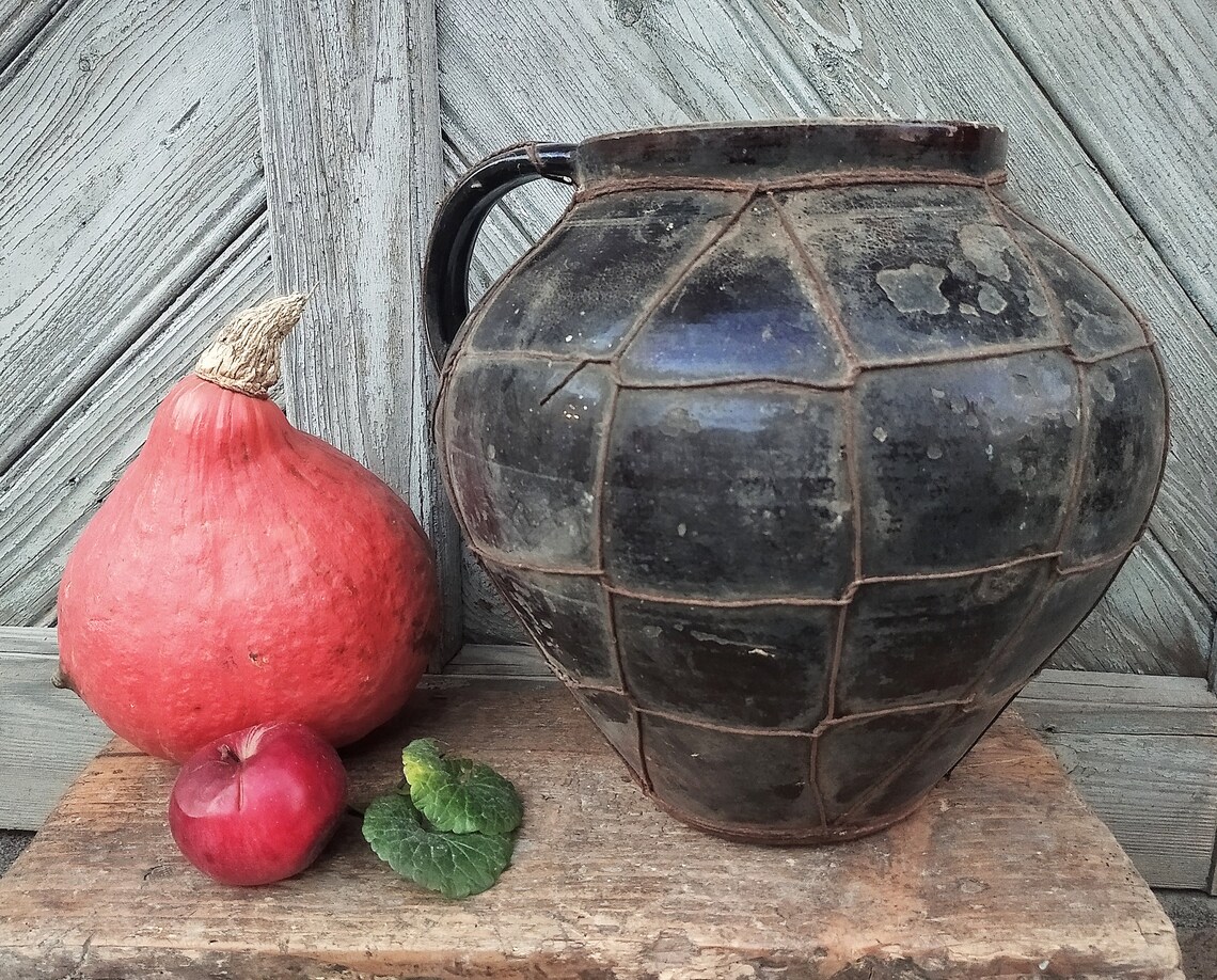 Large Antique Crock Vase Unique Baked Wire Ceramic Clay Vase Etsy