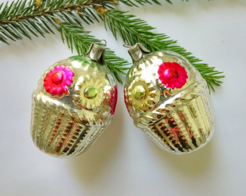 Antique Christmas ornaments set Two glass flowers baskets Christmas tree decorations Shabby Xmas baubles decor Gifts for kids