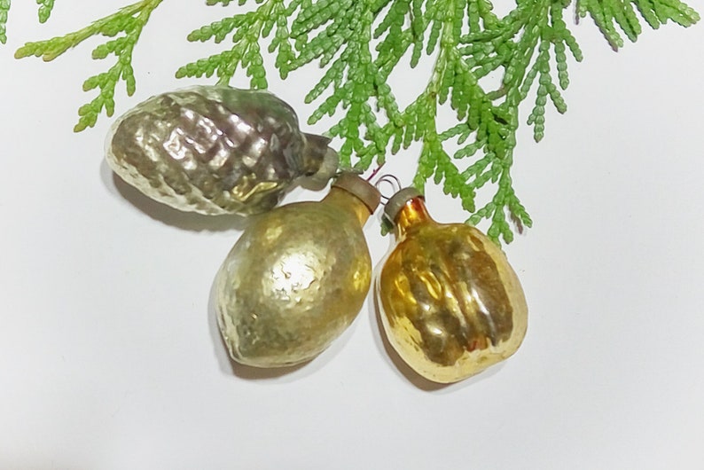 1950s Christmas decoration Golden nut Hazelnut Cone Antique glass bauble Shabby chic Christmas ornament Xmas tree decor Soviet Xmas